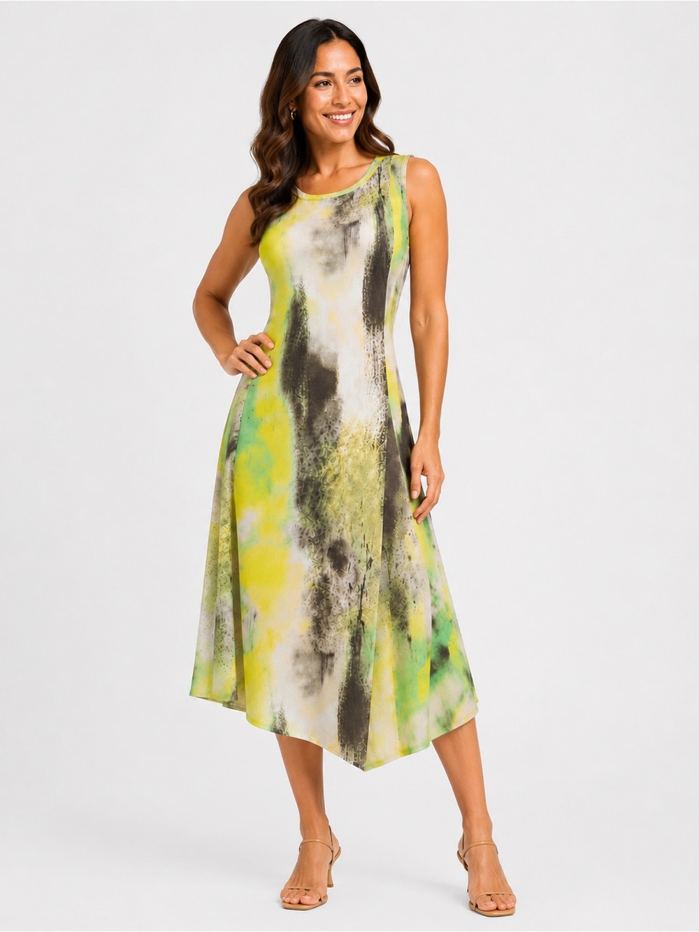 DKNY Watercolor Asymmetrical Hem Midi Dress Sleeveless Green White XS NWOT